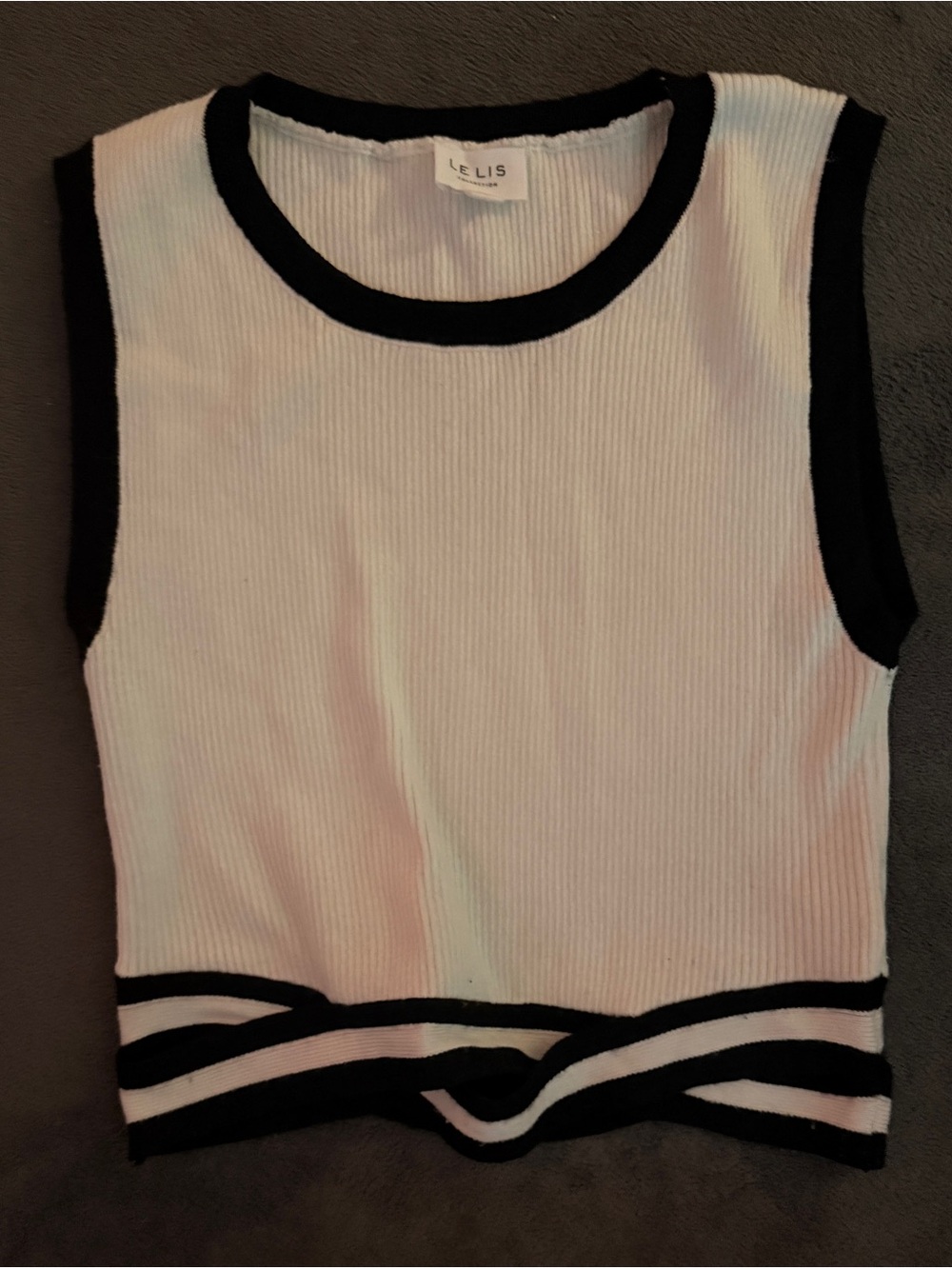 Le Lis White Ribbed Bandeau Tank with Black Trim and Waist Detail